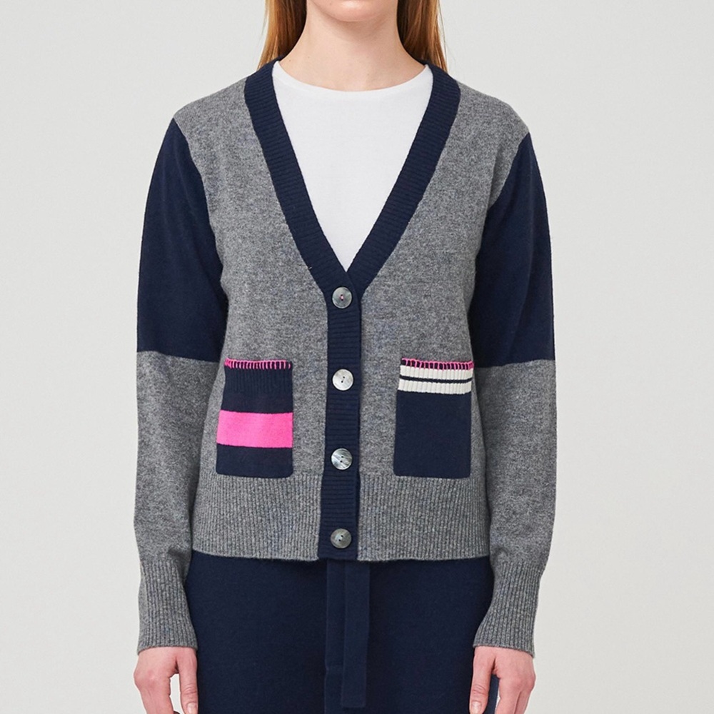 Brodie Cashmere Gray and Navy Colorblock Cashmere Cardigan with Pink Accents